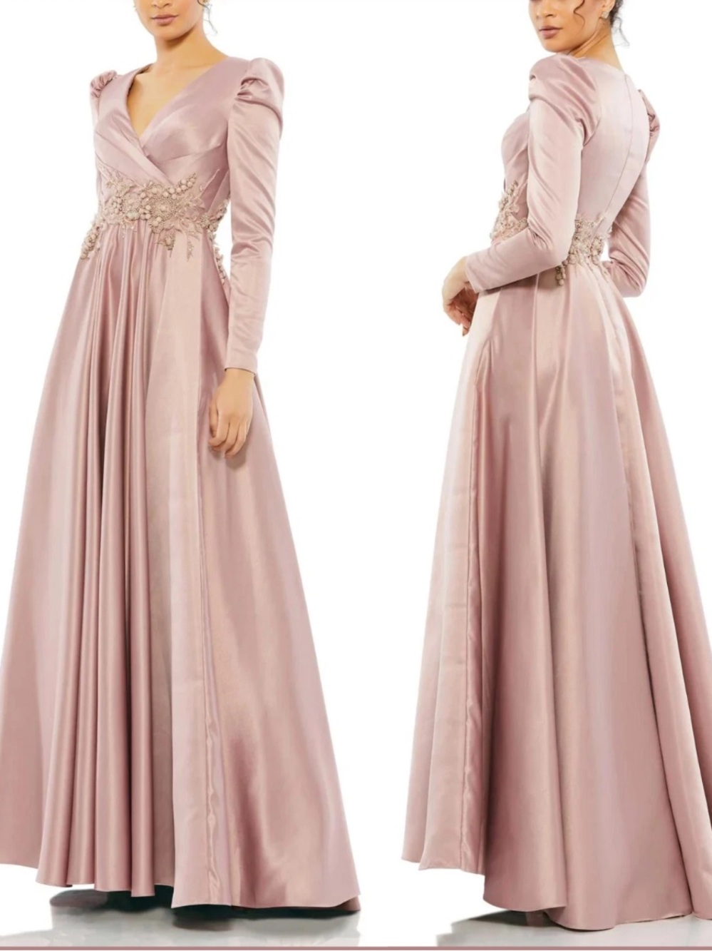 Mac Duggal Gown Dress Dusty Rose Long Sleeve Embellished Waist Evening Size 16 - Picture 2 of 15